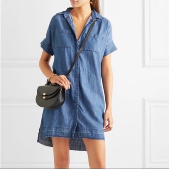 Madewell Chambray Denim Raw Edge Drop Hem Short Sleeve Button Down Shirt Dress - Picture 1 of 9